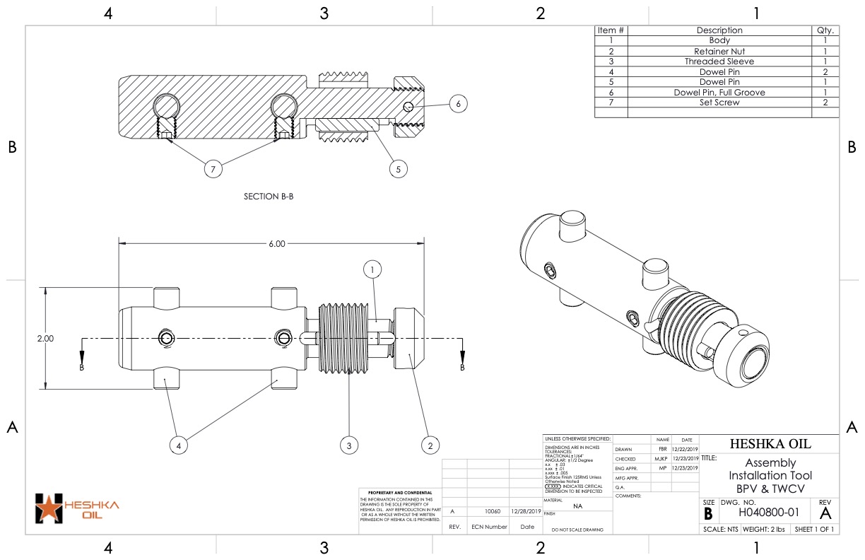 H040800-01 Assembly BPV TWCV Installation Tool